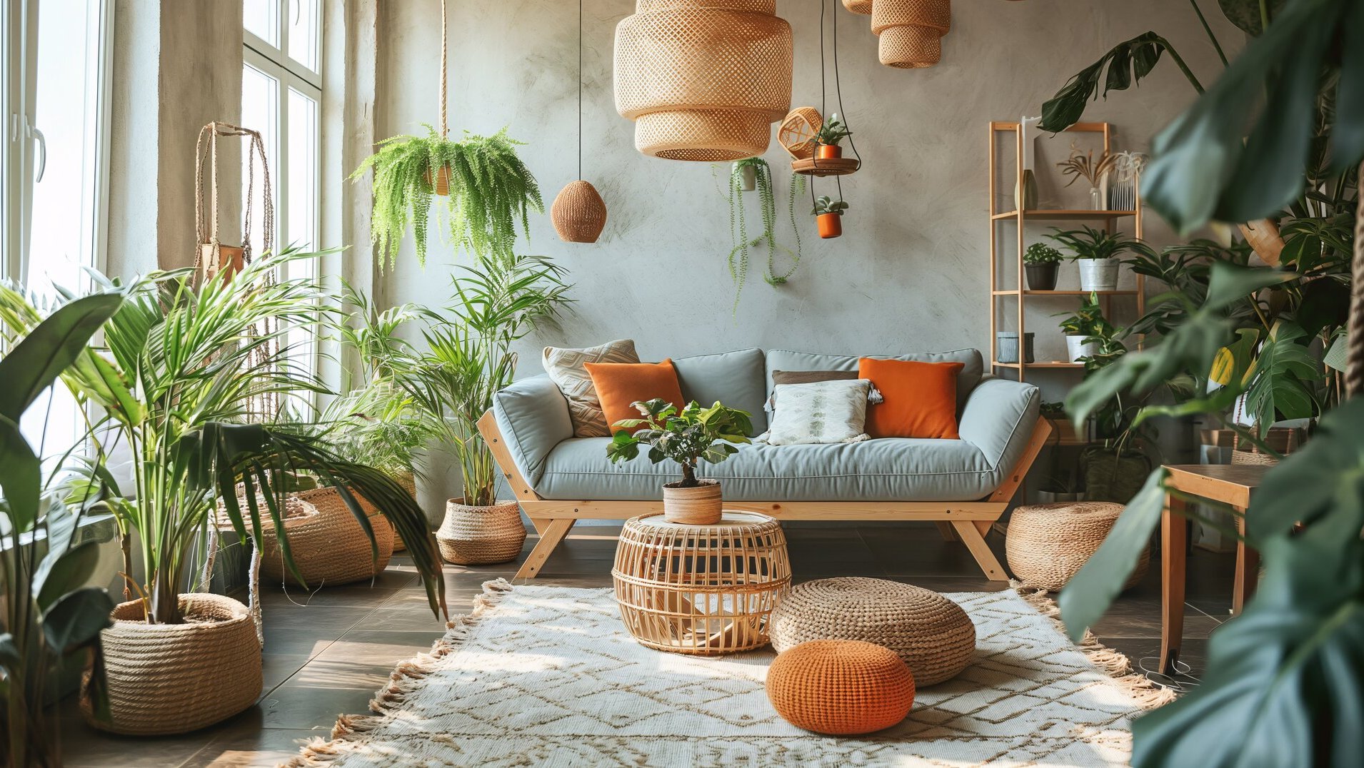 Show a cozy living room with sustainable decor.